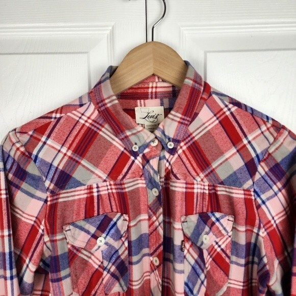 Levis Flannel Shirt Plaid Cotton Red White Blue Button Front Top Blouse Size M - Picture 4 of 16